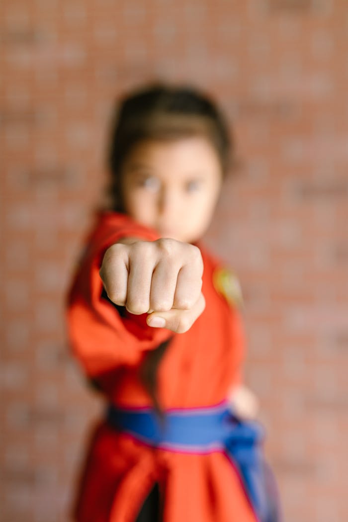 services-01 Child in martial arts uniform performs a focused punch indoors.